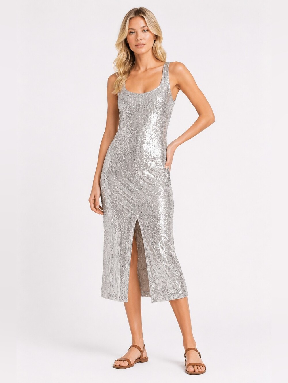 NWT Zara Size S Silver Sequin Midi Pencil Dress